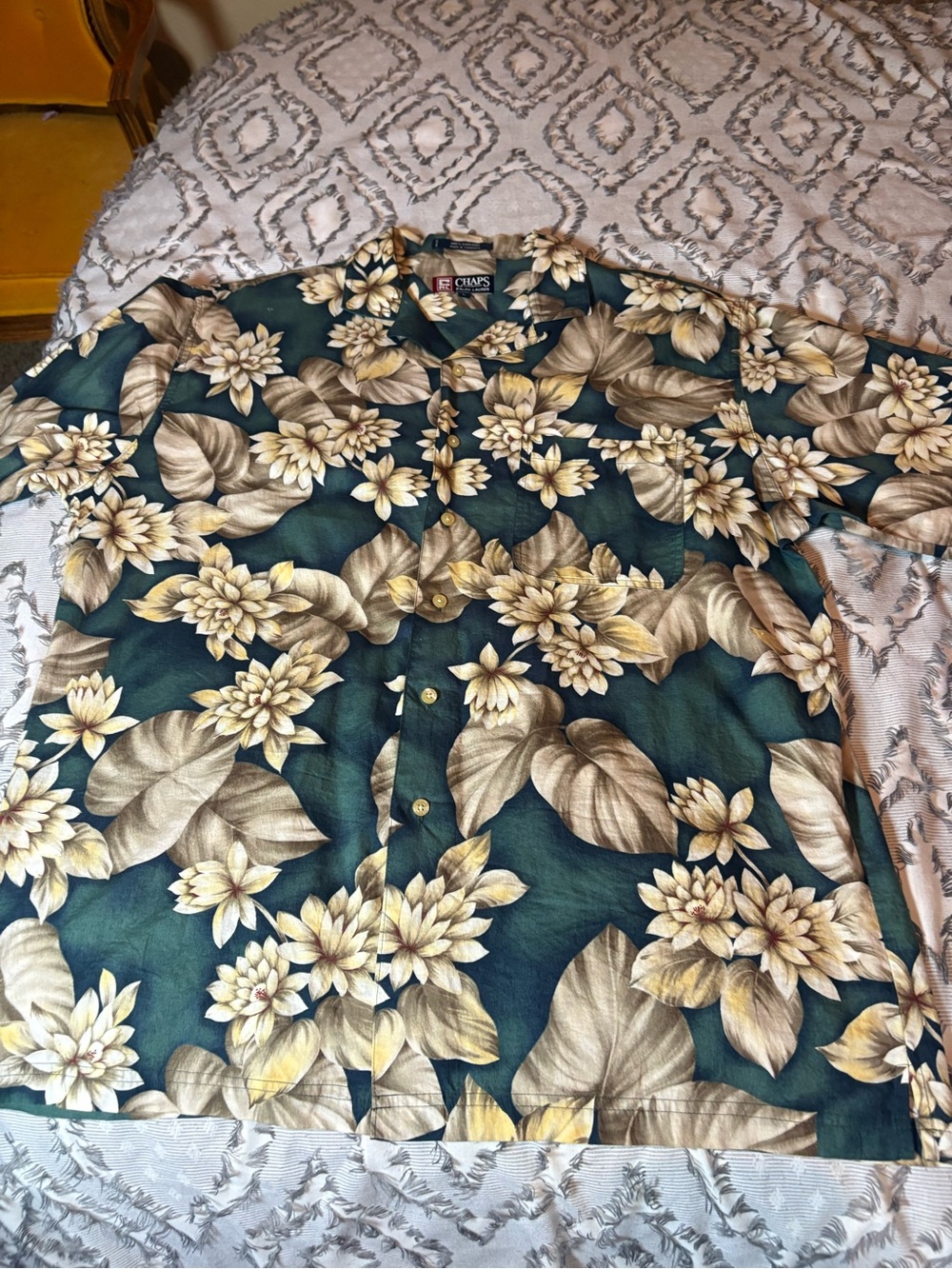 Chaps Ralph Lauren Tropical Floral Button-Up Shirt in Teal and Beige